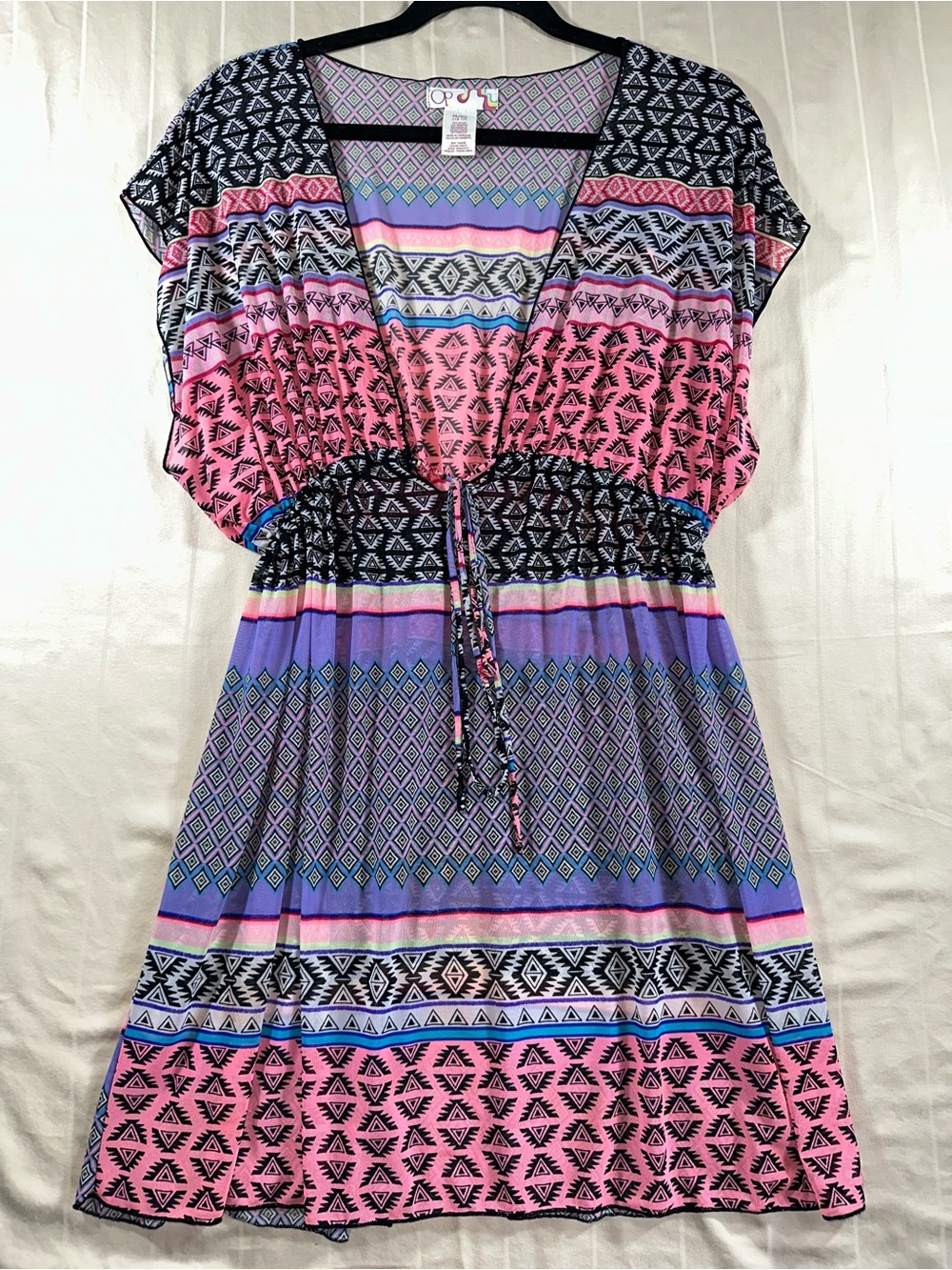 OP Ocean Pacific Aztec Geometric Print Kimono Boho Swim Cover Up Dress XL EUC